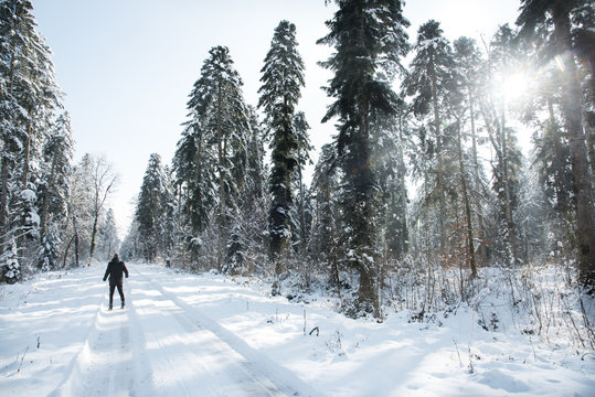 un homme marche dans la neige dans les bois du Jura