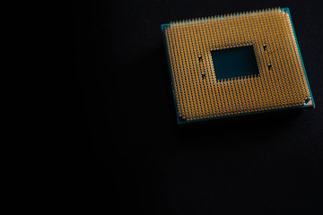 Closeup CPU pins on a green printed circuit board, Golden pins is The micro elements of computer...