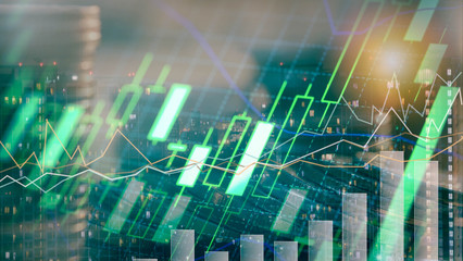 Financial investment concept, Double exposure of city night and stack of coins for finance investor, Forex trading candlestick chart, Cryptocurrency Digital economy.	