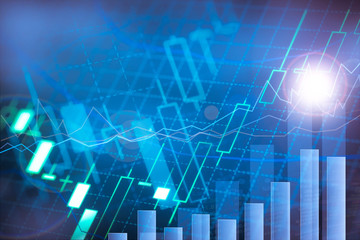 Financial investment concept, Double exposure of city night and stack of coins for finance investor, Forex trading candlestick chart, Cryptocurrency Digital economy.	