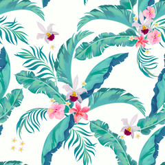 Exotic tropical flowers coral hibiscus palm leaves pattern seamless. Jungle vector botanical wallpaper.Trendy vector pattern in tropical style.