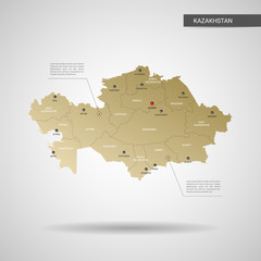 Stylized vector Kazakhstan map.  Infographic 3d gold map illustration with cities, borders, capital, administrative divisions and pointer marks, shadow; gradient background. 