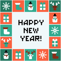 Pixel Happy New Year vector illustration. Happy New Year Postcard. Cool greeting card. Vector christmas frame.