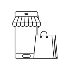 smartphone with parasol and bag shopping line style icon vector illustration design