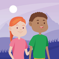 young couple characters in the field