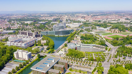 Strasbourg, France. The complex of buildings is the European Parliament, the European Court of Human Rights, the Palace of Europe, Aerial View - obrazy, fototapety, plakaty