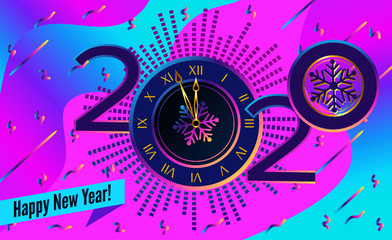 Abstract banner 2020 happy new year. Clock on abstract pink and cyan background. Modern futuristic style with chaotic flying confetti.