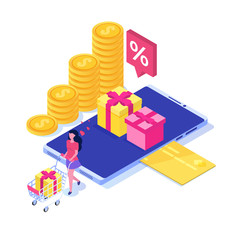 Discount, Loyalty card program and customer service. Vector isometric illustration.