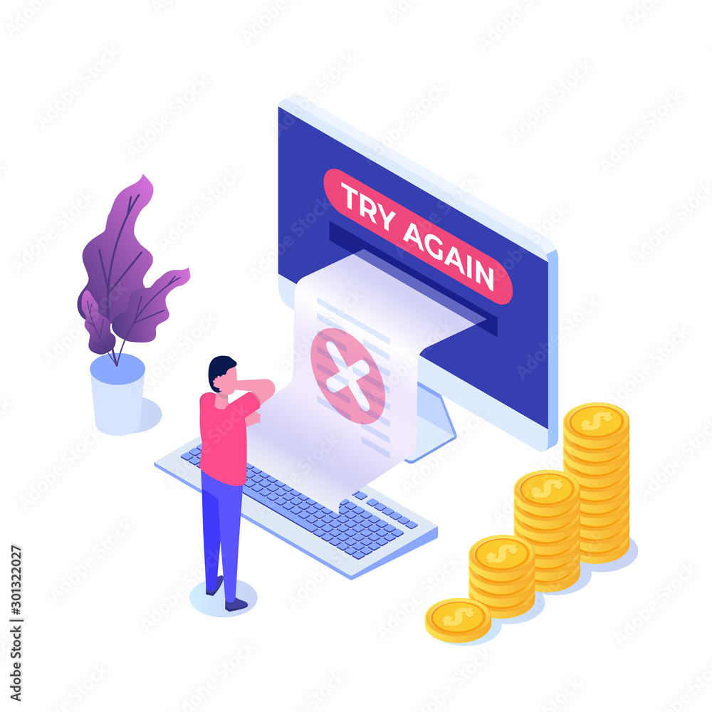 Poster payment error info message isometric concept. customer cross marks failure. vector illustration.