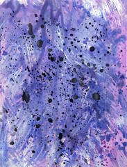 Purple watercolor background with splashes. Abstract work with black spots on a purple background