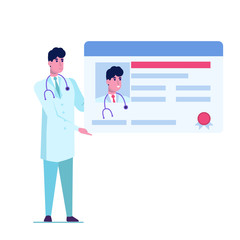 Doctor character hold license or certificate. Vector illustration.