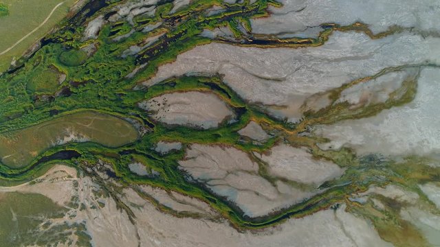 Cinematic delta river branching natural landscape green swamp thickets mineral water flows into salt lake Elton Russia. White crust lifeless planet another world extraterrestrial parasitic infection