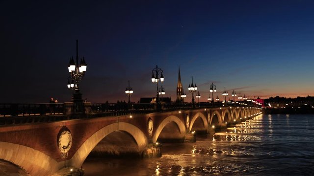 Blurred  and bokeh in the night of Pont de pierre in Bordeaux - Aquitaine, France