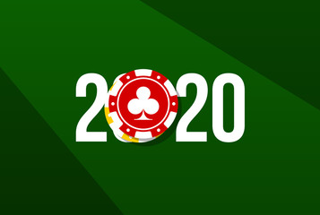 2020 Happy New Year casino logo with roulette table and chips bet design. Cover of casino diary for 2020 roulette game. Brochure design template view from above of the green cloth table with rate.