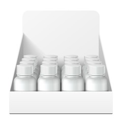 Mockup Display Holder Box Cardboard Filled Blank With Bottles, Cans, Jars. Vitamins, nutritional supplements, Cosmetic. Mock Up, Template. Products On White Background Isolated. Mockup Packing.