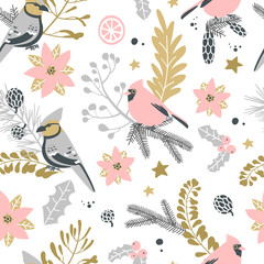 Seamless pattern with Christmas decorative elements - plants, branches, birds. Traditional symbols