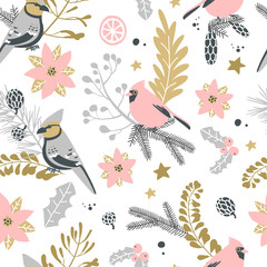 Fototapeta premium Seamless pattern with Christmas decorative elements - plants, branches, birds. Traditional symbols