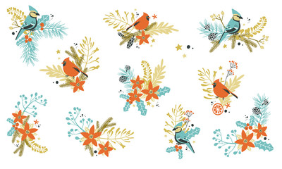 Christmas decorative compositions with traditional plants and birds.