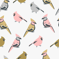 Seamless pattern with birds, red cardinal and jay. Minimalistic Scandinavian design