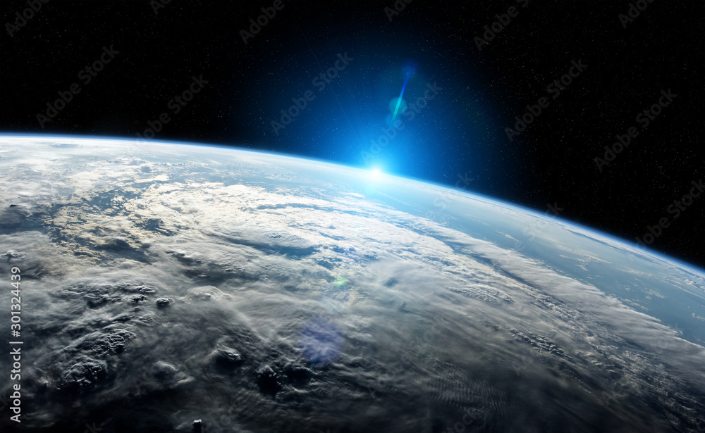 Poster View of planet Earth close up with atmosphere during a sunrise 3D rendering elements of this image furnished by NASA