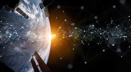 Satellites sending datas exchanges and connections system over the globe 3D rendering elements of this image furnished by NASA