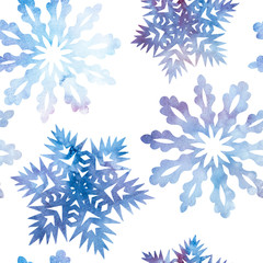 Snowflakes with a watercolor texture. Celebratory background can be used for graphic designs Christmas, invitations and greeting cards, photo frames, posters, winter holidays. Seamless pattern. © KlenOlga