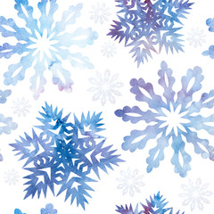 Snowflakes with a watercolor texture. Celebratory background can be used for graphic designs Christmas, invitations and greeting cards, photo frames, posters, winter holidays. Seamless pattern.