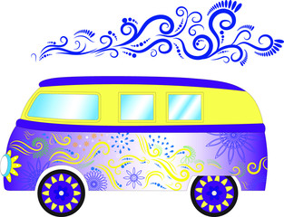 Vector image of Retro hiipie van painted with flowers and patterns in bright colors.