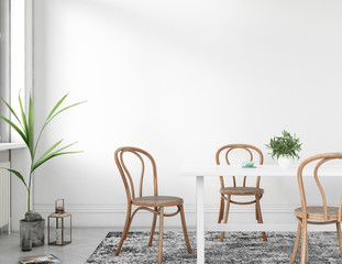 Interior dining room in white background, Scandinavian style with green plants and wooden chairs