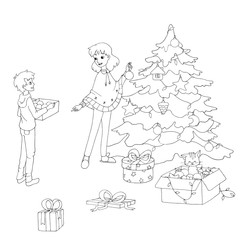 Mother and son decorate the Christmas tree. Vector illustration. Isolated objects on white background. Black and white vector illustrations for coloring book.