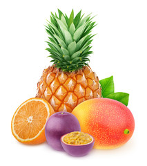 Composition with mix of whole and halved tropical fruits isolated on a white background with clipping path.