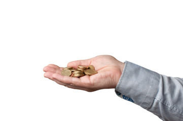 Fototapeta premium Man in shirt hold a handful of euro coins on white background