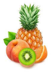 Colourful composition with sweet fruit mix - pineapple, kiwi, orange and peach isolated on a white background with clipping path.