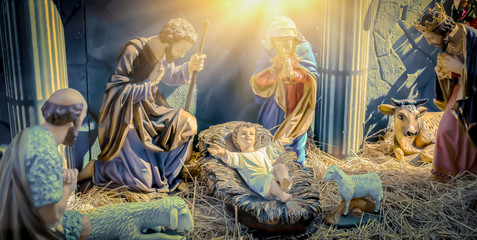 Traditional Christmas Scenes And Sacred Light Shining For Use In Illustration Design Nativity Scenes With Jesus Baby On The Manger With Carvings, Including Jesus, Mary, Joseph, Sheep And Magi Wall Mural