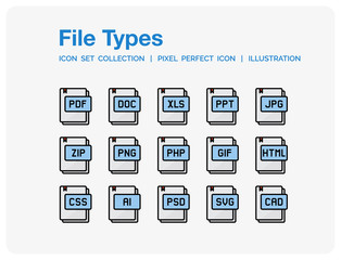 Files Types Icons Set. UI Pixel Perfect Well-crafted Vector Thin Line Icons. The illustrations are a vector.