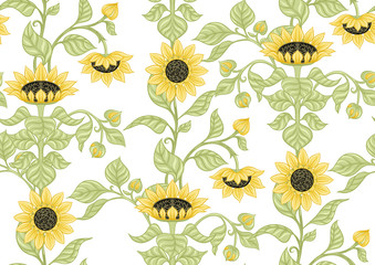 Sunflower Seamless pattern, background. Colored vector illustration In art nouveau style, vintage, old, retro style.