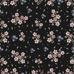 Seamless pattern with delicate flowers in pastel colors on a black background