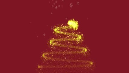 Golden Christmas tree particles motion graphic with snowflake on red background