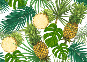 Obraz premium Seamless pattern, background with tropical plants, flowers. Colored vector illustration. Isolated on white background.