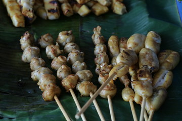 skewers of chicken on grill
