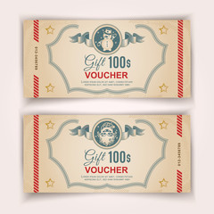 Obraz premium Christmas Voucher template with Santa in stamp, Snoqman in stamp . Value 100 dollars for department stores, business