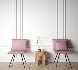 Scandinavian design interior , wooden table and pink chairs in white wall background, 3D render