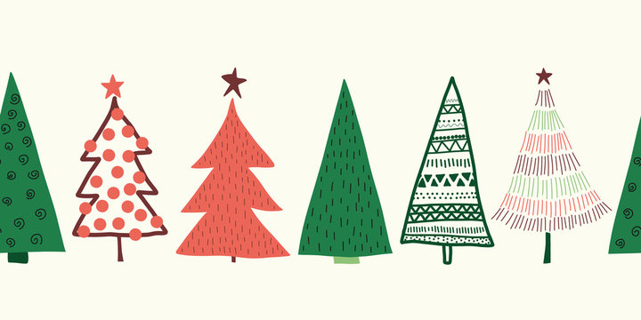 Christmas trees vector border. Seamless pattern hand drawn doodle trees green red. Decorative Winter holiday sketch design for ribbons, card decoration, scrapbooking, banners