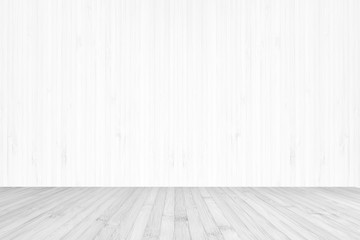 Wooden floor in grey color and wood wall in light white