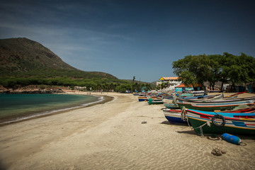 Fototapeta na wymiar Colorful wooden boats on a beach