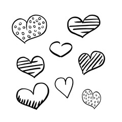 Hearts doodle set. Collection of hand drawn careless hearts. Black isolated on a white background. Vector illustrations.