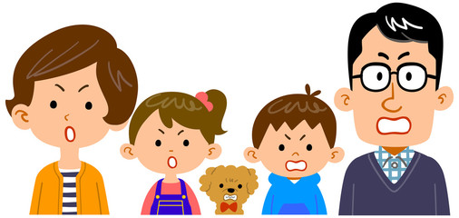 怒りの表情の4人家族の上半身のイラスト