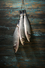 Fish hanging on the clothesline on the background of an old painted wooden blue wall.