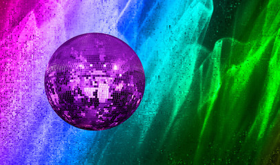 Party disco mirror ball reflecting purple lights