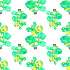 Blue and green watercolor abstract Christmas tree seamless pattern on white background. Colorful round shape winter holiday element endless print for your design.